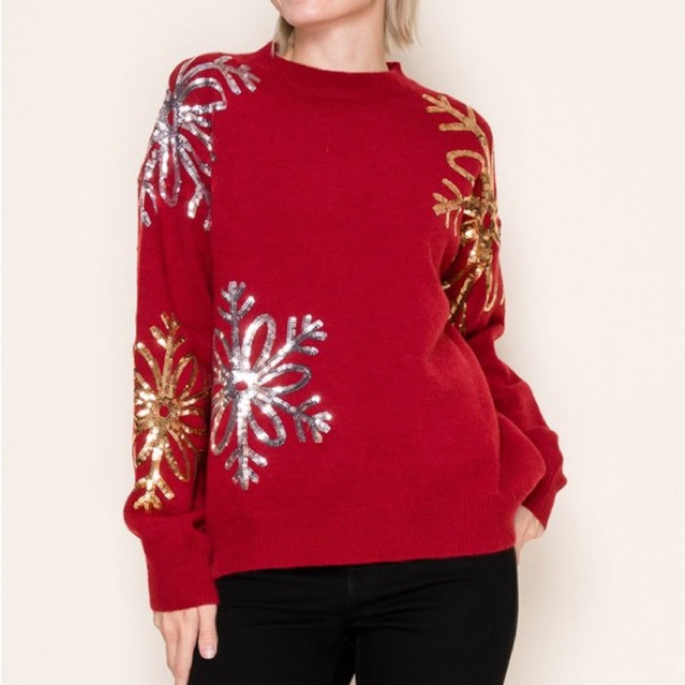White Birch PLUS Red Long Sleeve Knit Sequin Snowflake Sweater